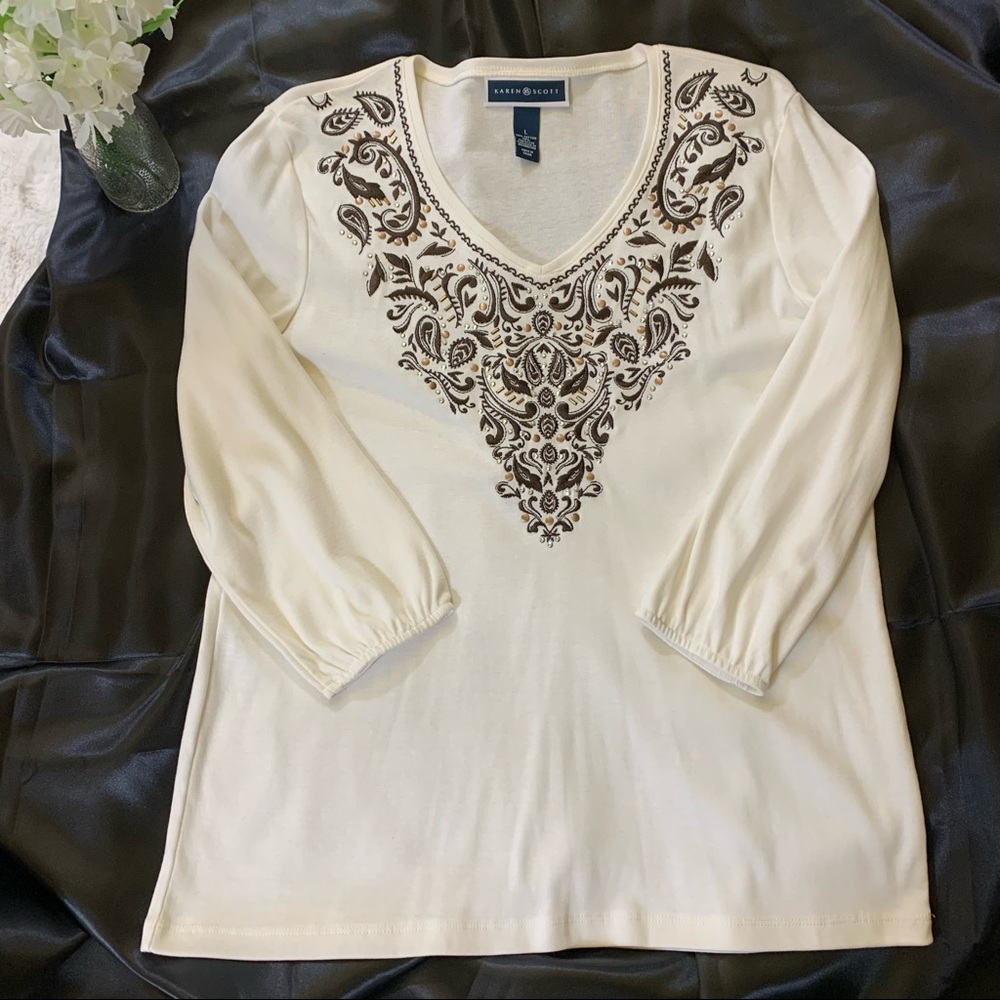 Karen Scott Embroidered Embellished V-Neck 3/4 Sleeve White Silver Rose Gold SzL